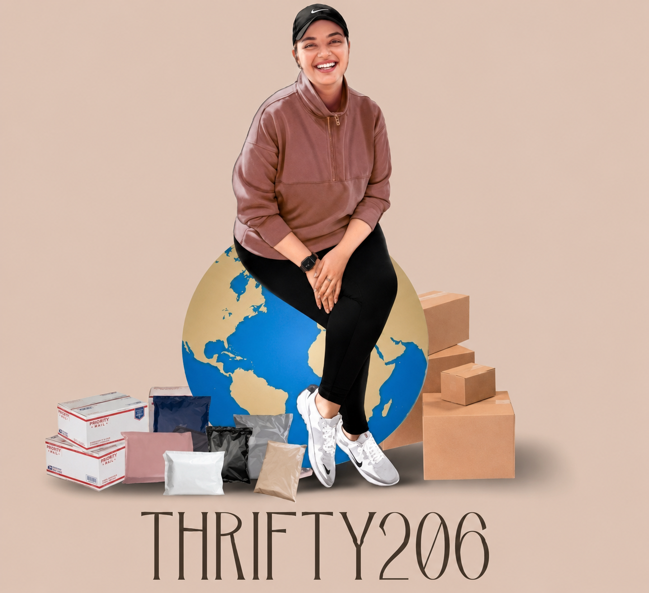 Thrifty206 logo, a woman seated on a globe surrounded by shipping parcels