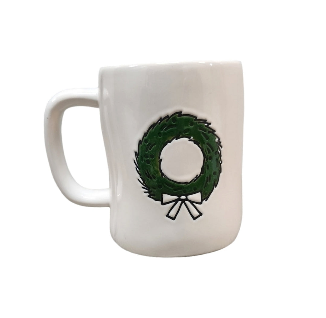 Rae Dunn Ceramic Merry Christmas Hunter Green Wreatch Christmas Coffee Mug