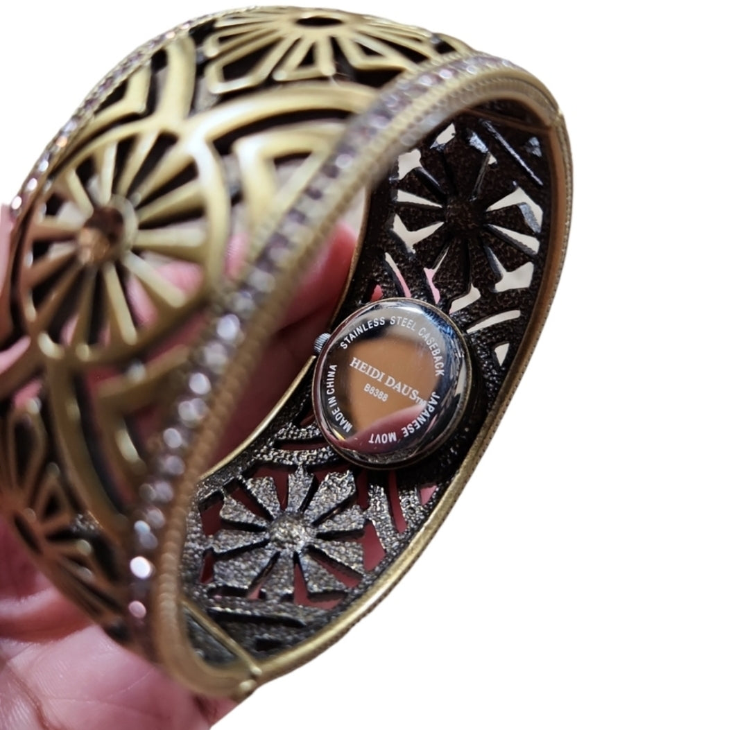Heidi Daus Bronze Tone Crystal Watch Hinged Bangle Bracelet B8388 Japanese Mvmt