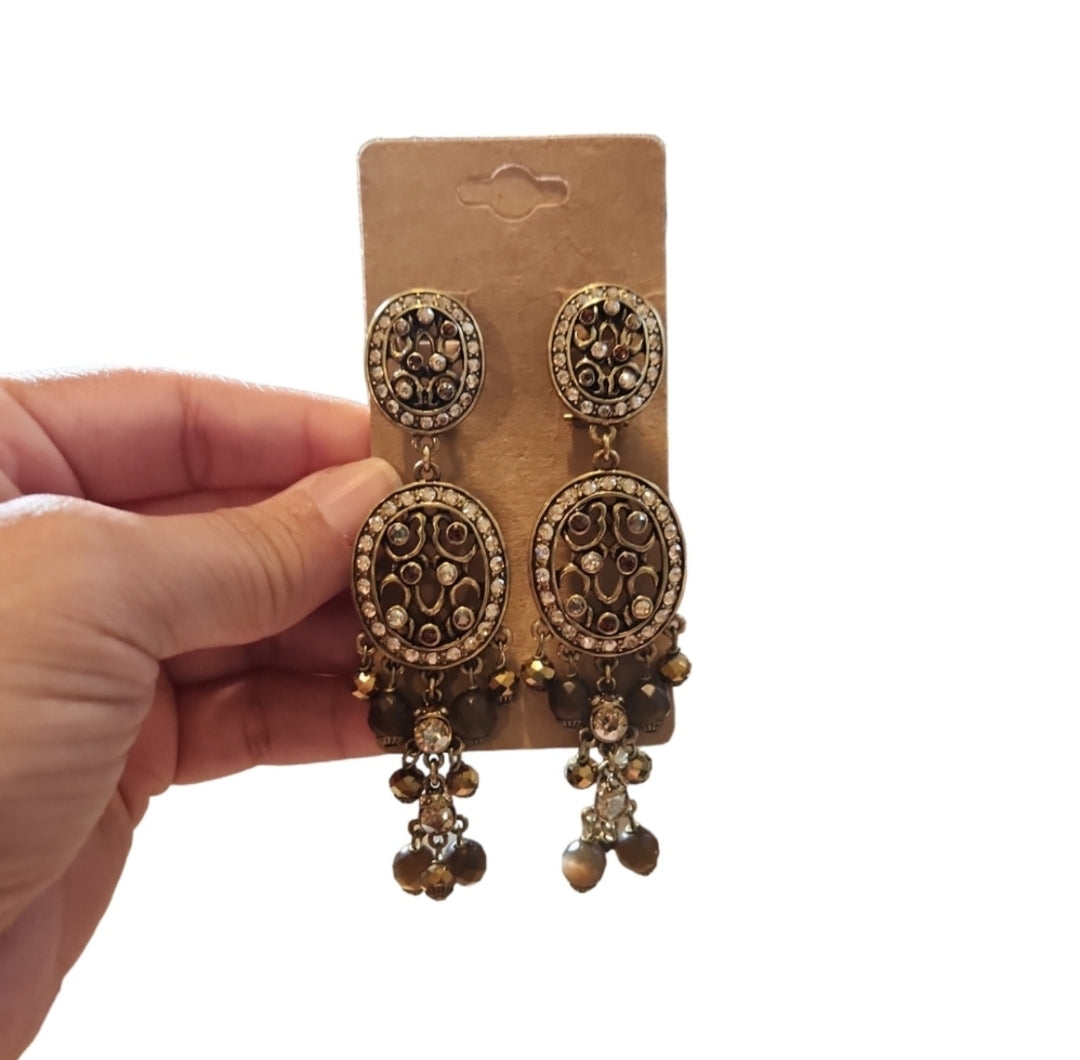Heidi Daus Gold Toned Swarovski Brown Bling Dangle Beads Clip On Earrings 3.5"