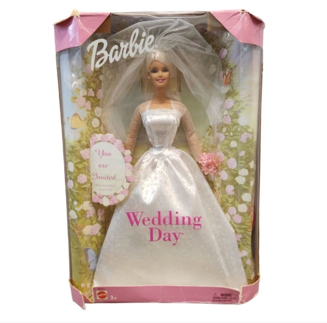 2002 Mattel Barbie Wedding Day B2817 Doll Blonde Hair Blue Eyes Damaged Box