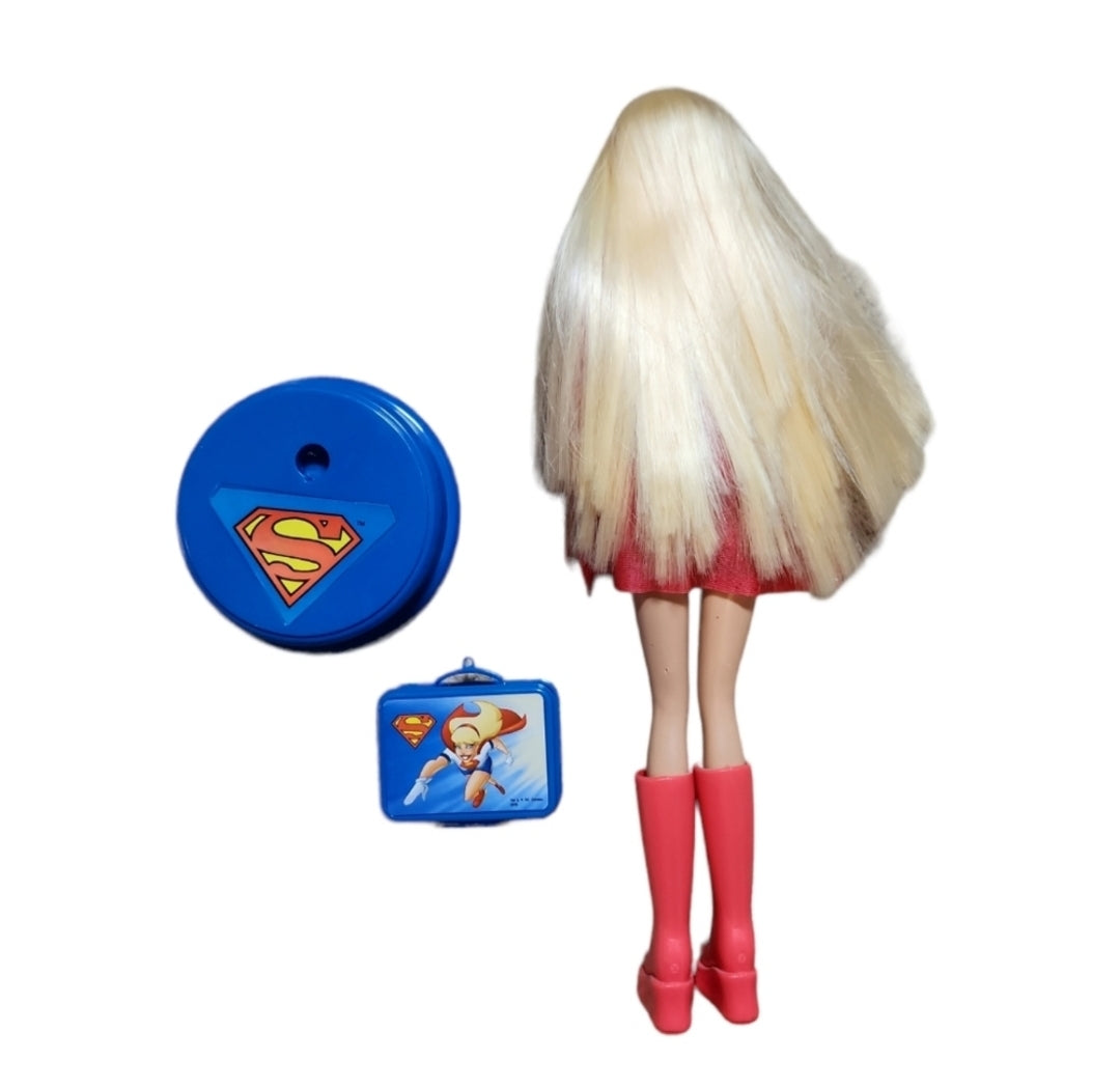 Vintage 1999 Mattel Barbie as Supergirl, Case + Doll Stand 12"