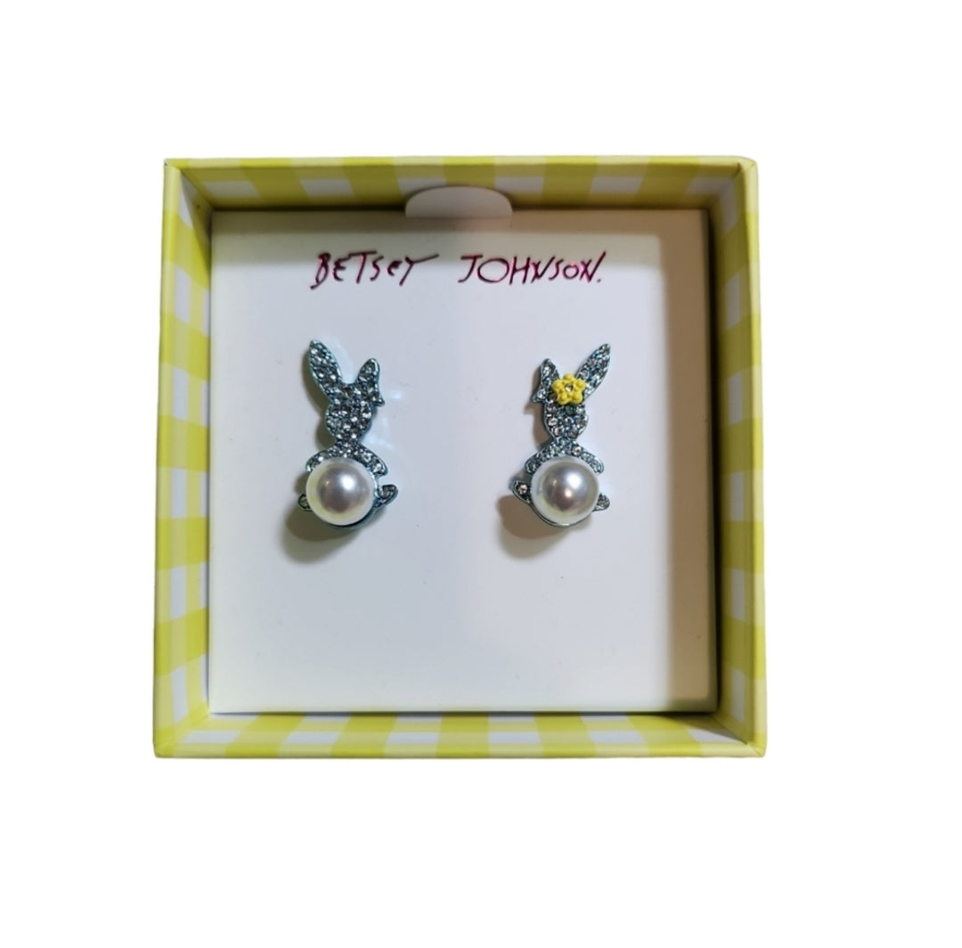 Betsey Johnson Blue Bling Mismatched Bunny Pearl Post Earrings