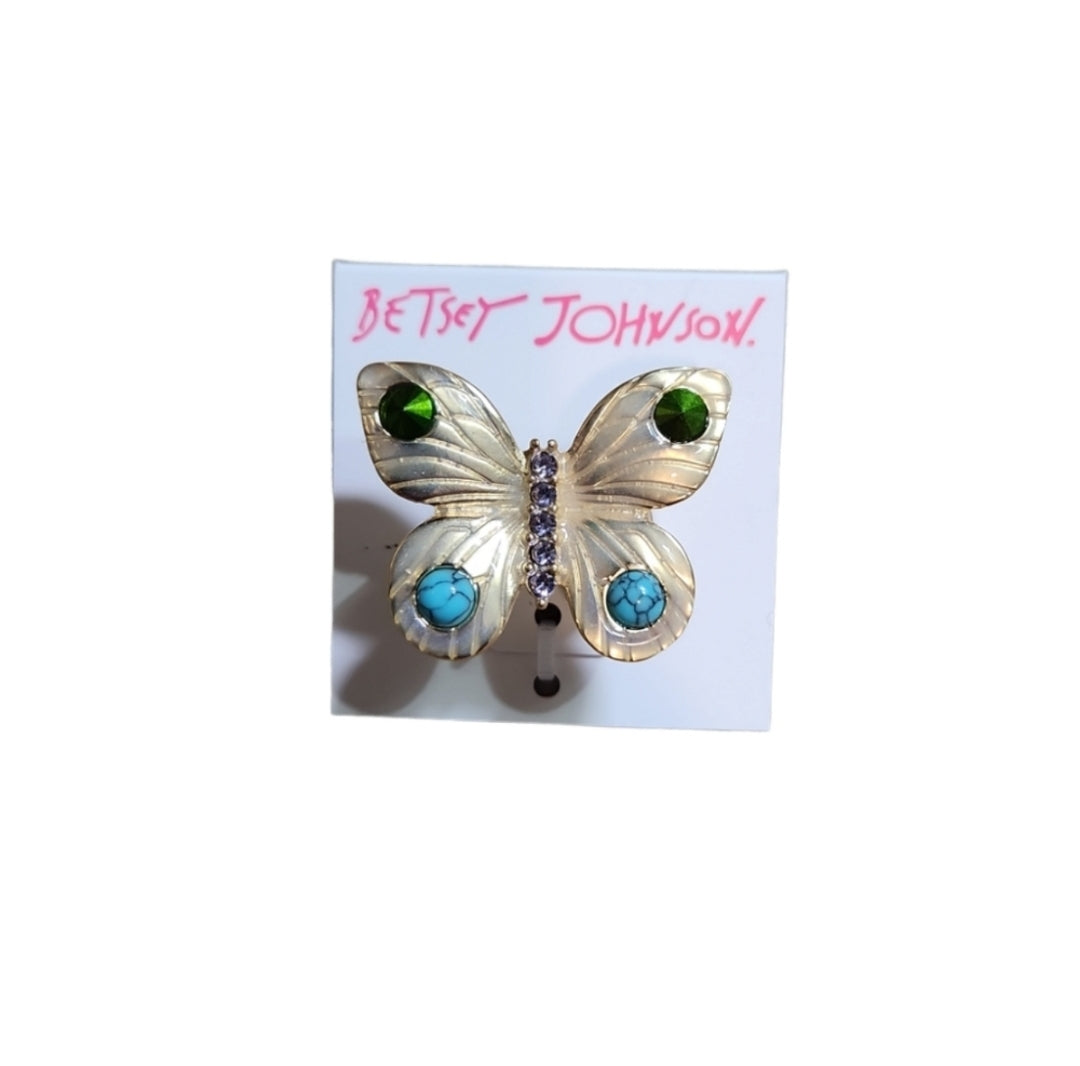 Betsey Johnson Gold Toned Butterfly Stretch Ring Bling Pink Green Turquoise