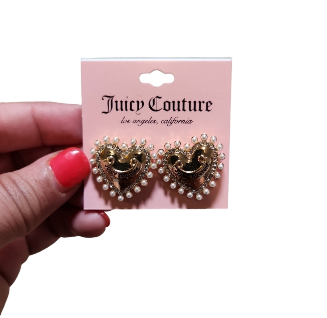 Juicy Couture Gold Toned Pearl Trim Heart Bling Post Earrings