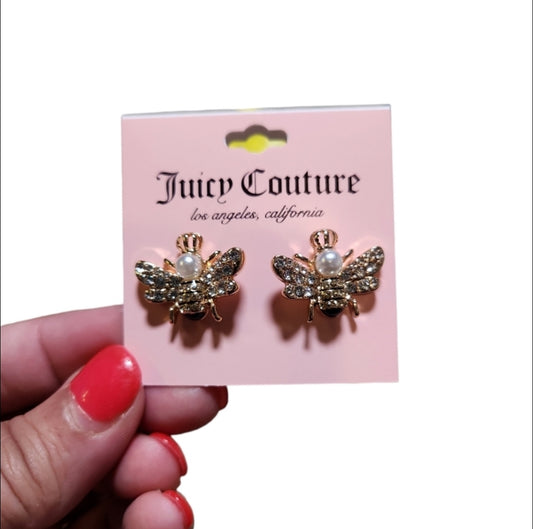 Juicy Couture Gold Toned Bling Dragonfly Juicy Crown Pearl Post Earrings